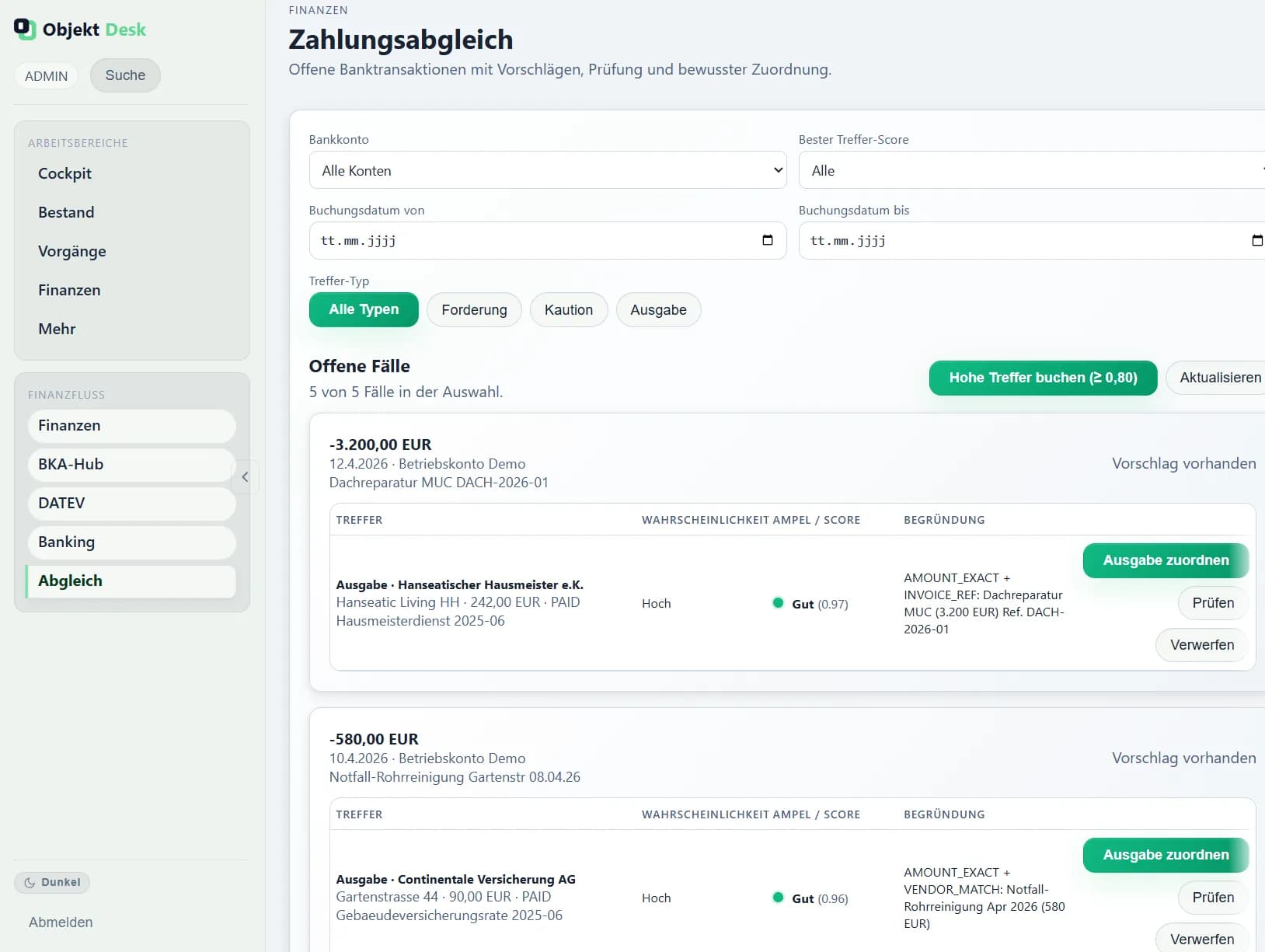 Beispielansicht des Zahlungsabgleichs mit Bankumsätzen, Trefferhinweisen und manuellen Aktionen